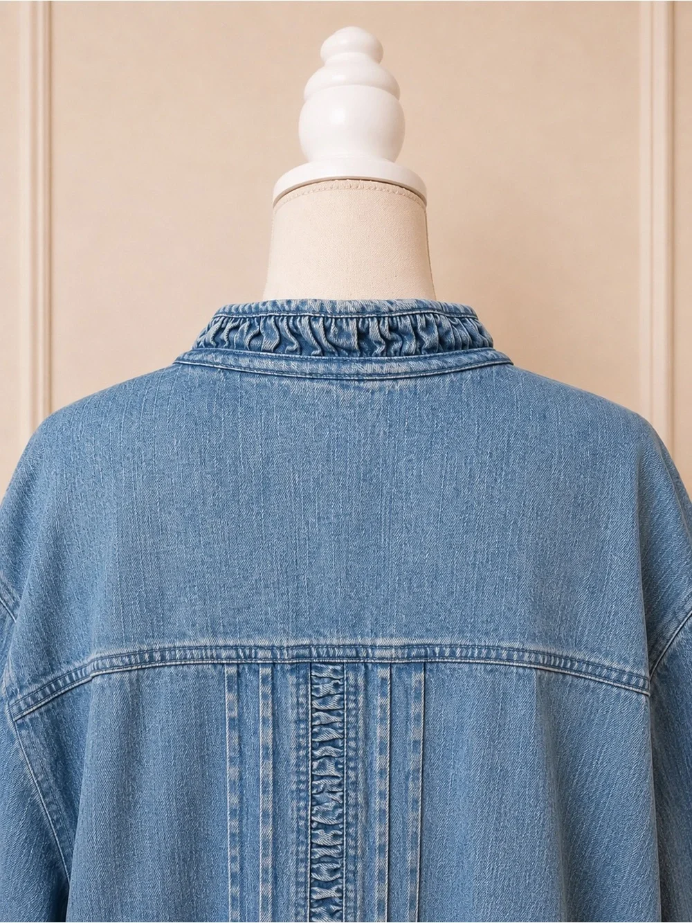 Liz & Me 3X 26/28W Ruffle Trim Denim Jacket Light Wash Pintuck Boho Lagenlook